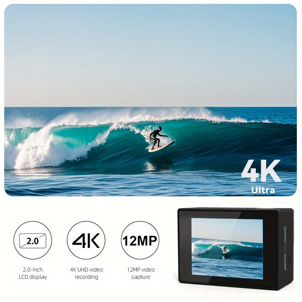 4K Sports Action Camera with WiFi, 170° Wide Angle, 32GB Card & Helmet Mount Kit – Pre-Recording, Remote Control, 900mAh Battery, 2" LCD – Beginner-Friendly Outdoor Cam for Cycling, Hiking & Gifts