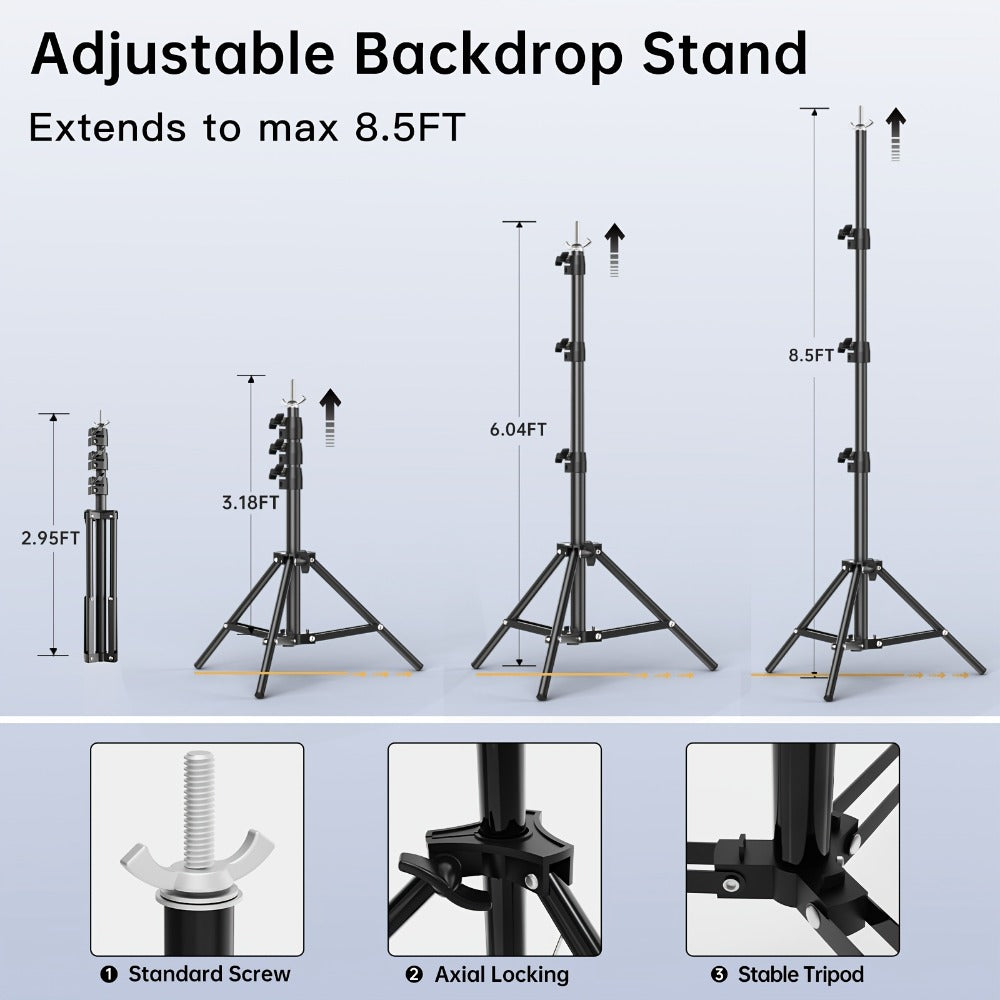 Photography Background Stand 10x8.5 FT Adjustable – Photo Backdrop Support System for Video Studio, Portrait & Streaming with Portable Carry Bag & Clamps Included