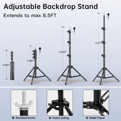 Photography Background Stand 10x8.5 FT Adjustable – Photo Backdrop Support System for Video Studio, Portrait & Streaming with Portable Carry Bag & Clamps Included