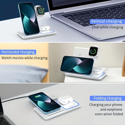 3-in-1 MagSafe Wireless Charging Station 15W Fast Charger – Foldable HS BS Style Stand for iPhone 16 15 14 13 12 Pro Max, Apple Watch Ultra Series 9 8 7 & AirPods 3 2 Pro, Desk Bedside Nightstand