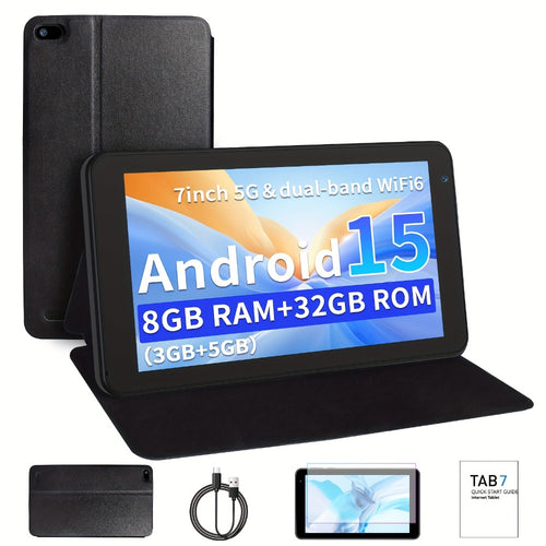 Android 15 Tablet 7 Inch, 8GB RAM 32GB ROM, 1TB Expandable Storage, WiFi 6 Dual-Band IPS Touchscreen Tablet with Protective Case, Multi-Core CPU, Dual HD Cameras – Black