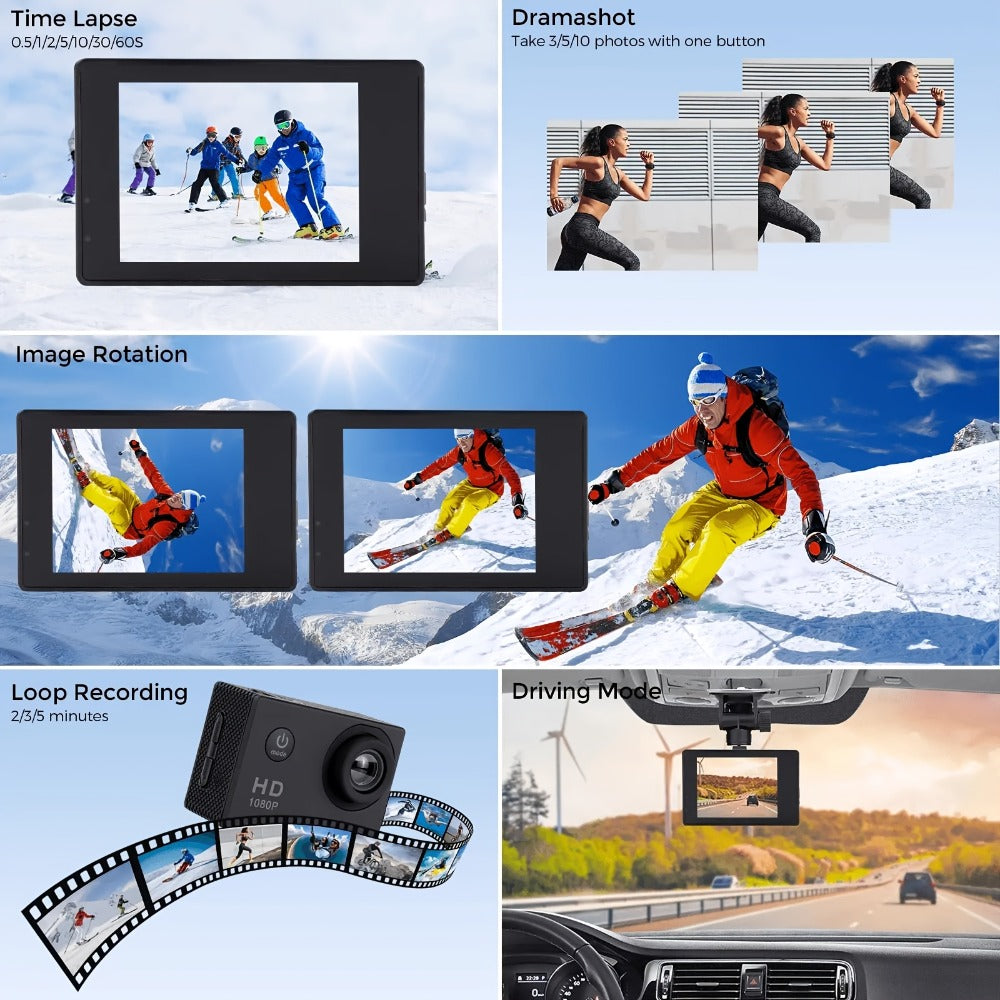 1080P Waterproof Action Camera for Kids & Beginners – 170° Wide Angle, 2" LCD, 90-Min Battery, Accessory Kit for Swimming, Cycling, Rock Climbing & Outdoor Sports Gift
