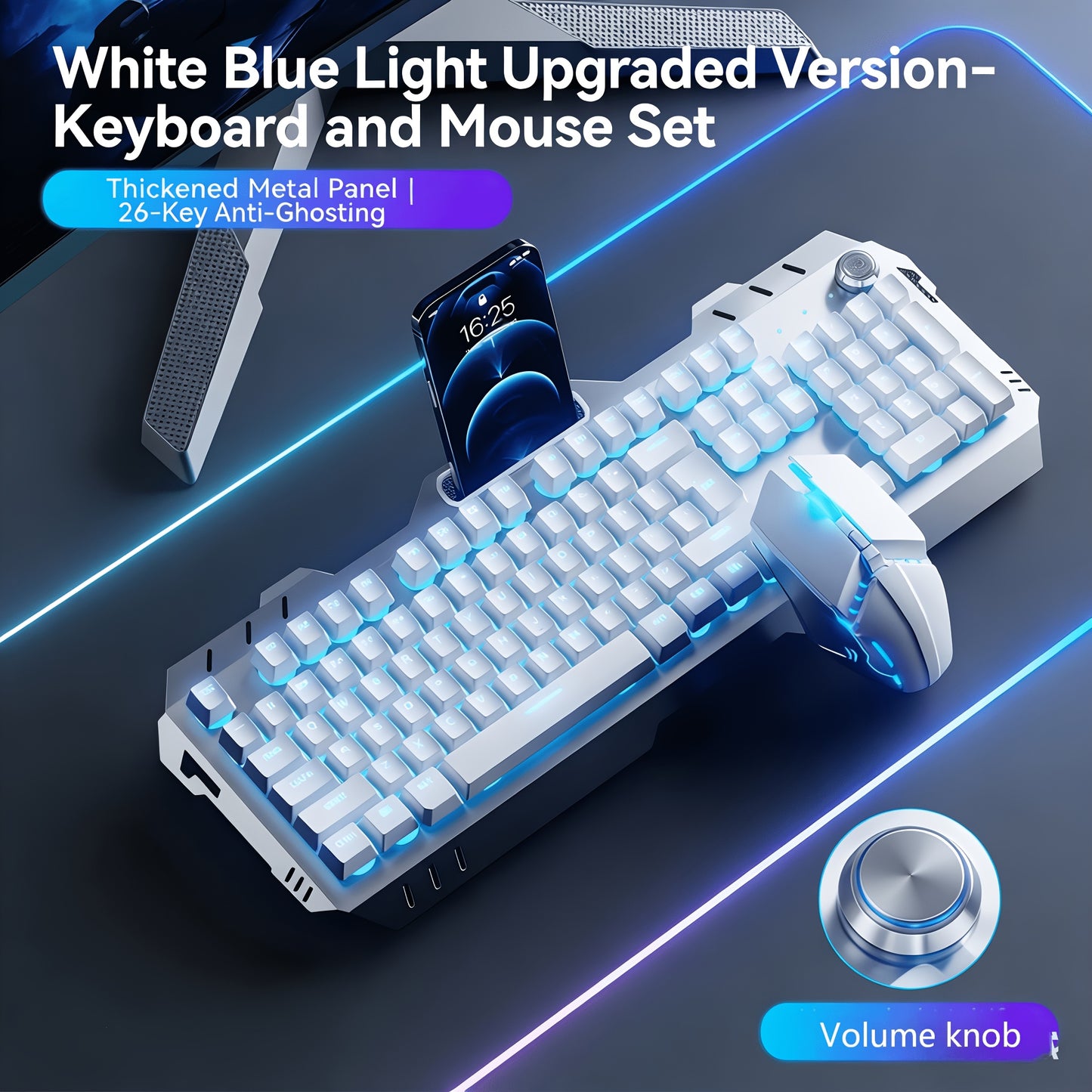 LED Backlit Wired Gaming Keyboard 104 Keys Full Size – Quiet Ergonomic Design, Adjustable Volume Knob, USB Powered, Compatible with Desktop and Laptop Computers, Office and Home Use