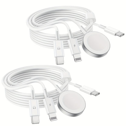 3-in-1 Charger Cable Apple Watch iPhone 6ft USB-C Multi Charging Compatible Series 10 9 8 7 6 5 4 3 Ultra 2 SE iPhone 15 14 13 – Travel Charger White Pink 2-Pack