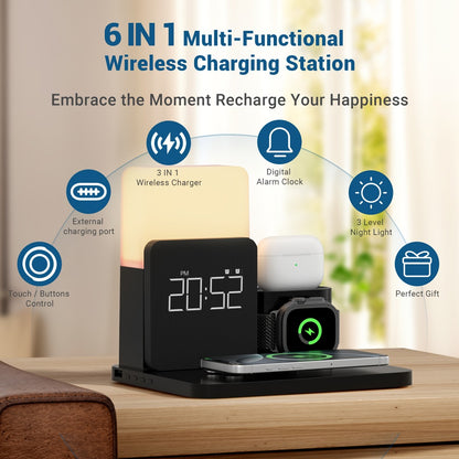 Alarm Clock 3-in-1 Wireless Charging Station with Clock Display – Bedside Charging Dock for iPhone 16 15 14 13 12 & Samsung Galaxy, Charges Phone Watch & Earbuds Simultaneously | Black White Gray