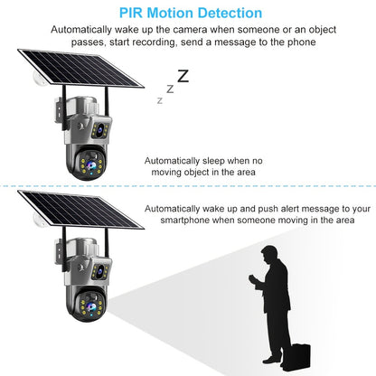 Solar Powered Wireless Security Camera Outdoor 360° PTZ WiFi Surveillance Cam Dual Lens Full Color Night Vision 4G Remote View No Dead Angle with TF Card & Cloud Storage