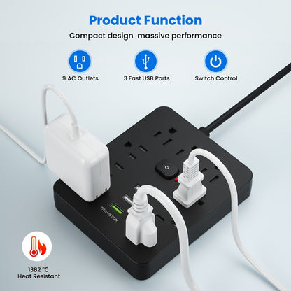 45° Tilt Plug Power Strip 12-in-1 Surge Protector with 9 AC Outlets & 3 USB Ports, 10ft Long Extension Cord, Advanced Overload Protection for Home, Office & High-Power Devices