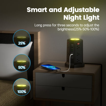 Night Light Power Tower Surge Protector 17-in-1, 12 AC Outlets & 5 USB Ports, 10.2ft Extension Cord, 4 Independent Switches, Overload Protection Charging Station for Home Office Dorm Room – White