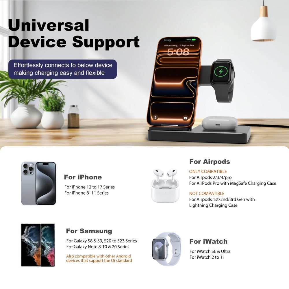 Vertical Horizontal Wireless Charging Station 3-in-1 Foldable 15W LED Indicator – Fast Charger for iPhone 17/16/15/14/13/12, Apple Watch Ultra 2/Series 10/9/8/7 & AirPods Pro 4/3/2 | Portrait Landscape Stand | Black & White