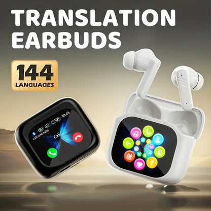 ENC Translation Earbuds Wireless 5.4 Real-Time Language Translation In-Ear Noise Cancellation Full-Color Touch Display Stereo Audio Type-C Charging Black White