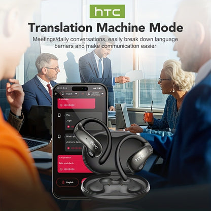 HTC NE19 AI Translation Earbuds TWS 134 Languages, Open-Ear Wireless Bluetooth 5.4 HiFi Audio, Long Battery Life Hands-Free Earphones for Travel Business Sports Casual Daily Use