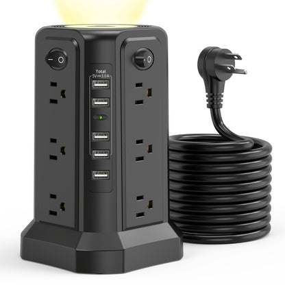 Power Strip Tower Angled Flat Plug 17-in-1 with 12 AC Outlets 4 USB-A 1 USB-C PD 18W 4 Independent Switches 1500J Surge Protector Desktop Extension Cord for Home Office Dorm Room – Black & White