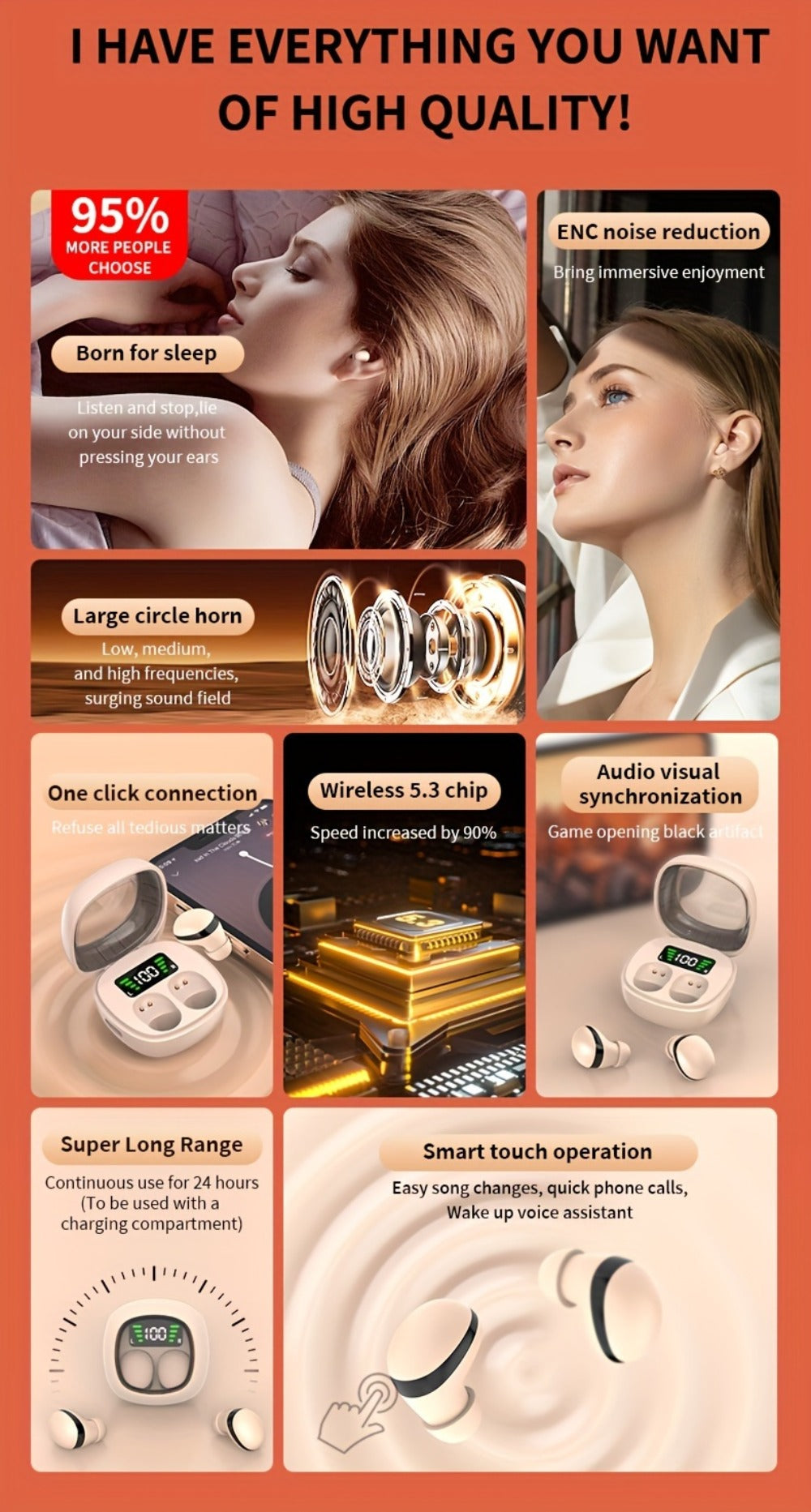 HiFi Touch Control Wireless Earbuds, Ultra-Small In-Ear Headphones with LED Charging Case & Built-In Mic, Stereo Sound, Fitness Running Sleep Work Travel Earphones Compatible with iOS & Android