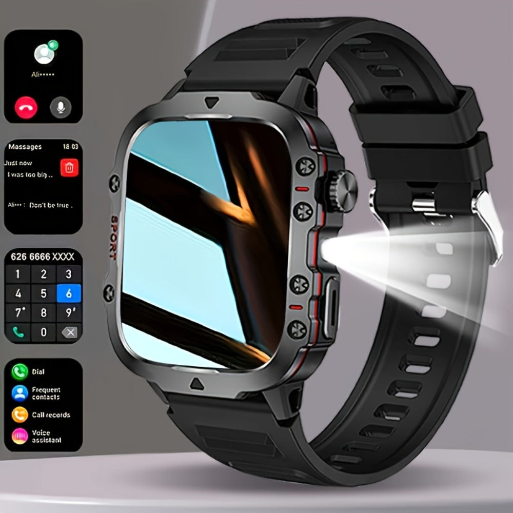 Men's Outdoor Smartwatch 4.6" HD Touch Screen with Wireless Calling & LED Display, USB Charging, Multiple Sport Modes, Heart Rate Activity Tracker, Compatible with iPhone & Android – Black Gold Gift Watch for Men