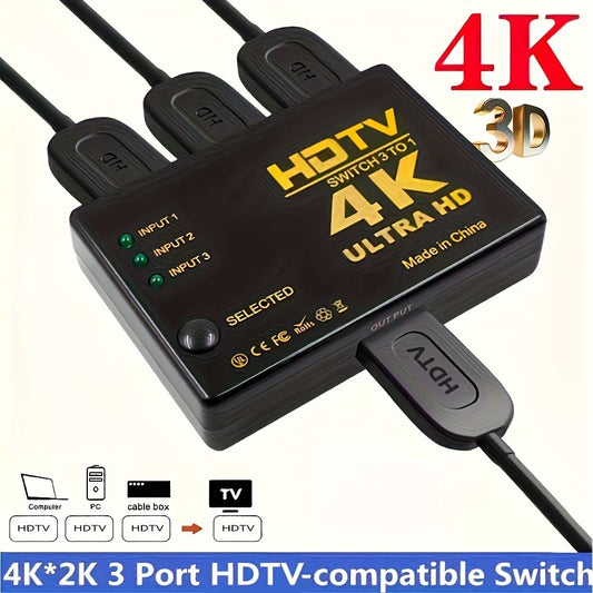 HDMI Switch 3 In 1 Out – 4K 1080P HD Video Switcher Splitter Hub, Adapter Converter for TV Box, Smart TV, HDTV, PC, Monitor & Gaming Console