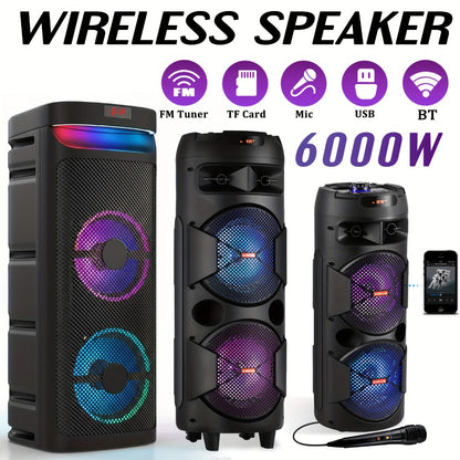 Wireless Party Speaker with Dual Subwoofers & RGB Lighting – FM Radio, USB/TF Card Playback, TWS Stereo Pairing, 20-Hour Battery, Portable Bluetooth Boombox for Outdoor & Indoor Parties