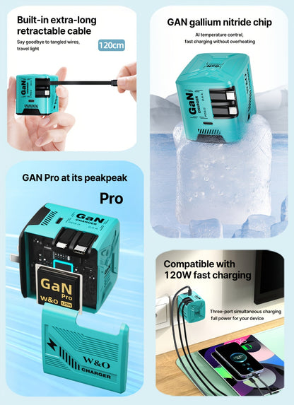 GaN Charger 120W with Lightning & Type-C Retractable Cables 47in, Foldable Plug USB-C Wall Adapter – With or Without Cable Option for iPhone 17 16 15 Pro Max, Samsung Galaxy S25 S24, Android Devices
