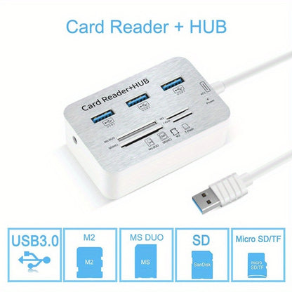 7-in-1 USB C Hub with SD TF MS M2 Memory Card Reader Adapter – 3 & 4 Port USB 3.0 Extender for PC, Laptop, MacBook, Mouse, Keyboard, Flash Drive, MMC
