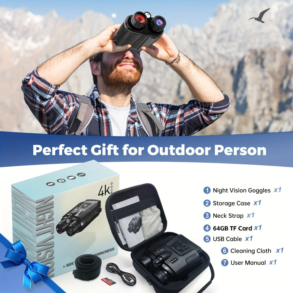 Night Vision Binoculars 4K Digital Infrared, 8x Digital Zoom 5x Optical Zoom, 5000mAh Battery, 3-inch HD Display, 64GB Card, Tactical Flashlight, for Hunting Wildlife Surveillance Outdoor