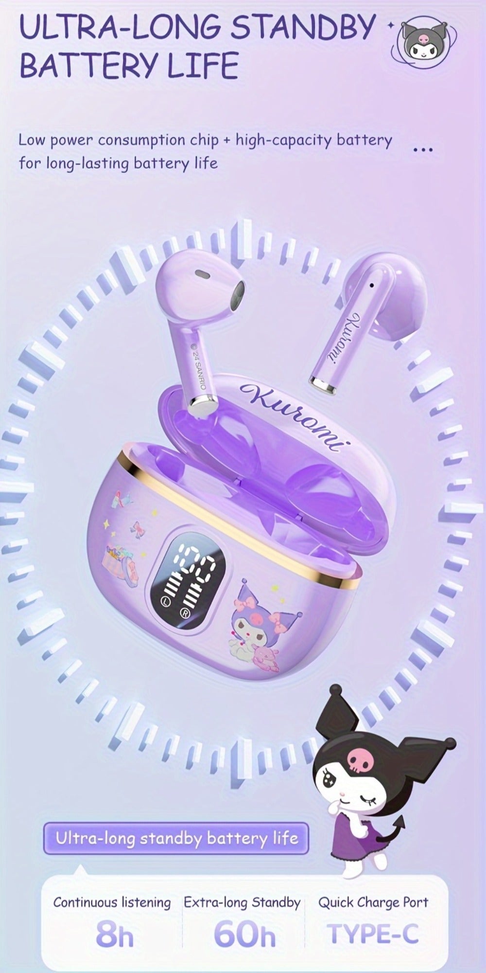 Sanrio Hello Kitty Kuromi Cinnamoroll Bluetooth Earbuds Cute Wireless Earphones 3 Styles Power Display Gaming Earbuds Easy to Carry for Daily Exercise Study Outdoor Holiday Birthday Gift