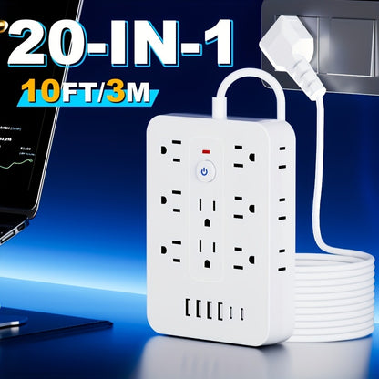 Compact Flat Plug Power Strip 20-in-1, 14 AC Outlets & 6 USB Ports (4 USB-A + 2 USB-C), Lightning Surge Protection, Space-Saving Extension Cord for Home Travel Office Kitchen – Overload Protection