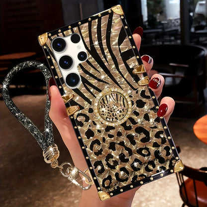 Leopard Print Samsung Galaxy Case Ring Holder Kickstand Anti-Drop Rectangular Cover for Galaxy S25 Ultra Plus S24 Ultra Plus FE S23 Ultra S22 Ultra S21 Ultra A56 A55 A54 A36 A35 A16 A15 A14 – Fashion Girly