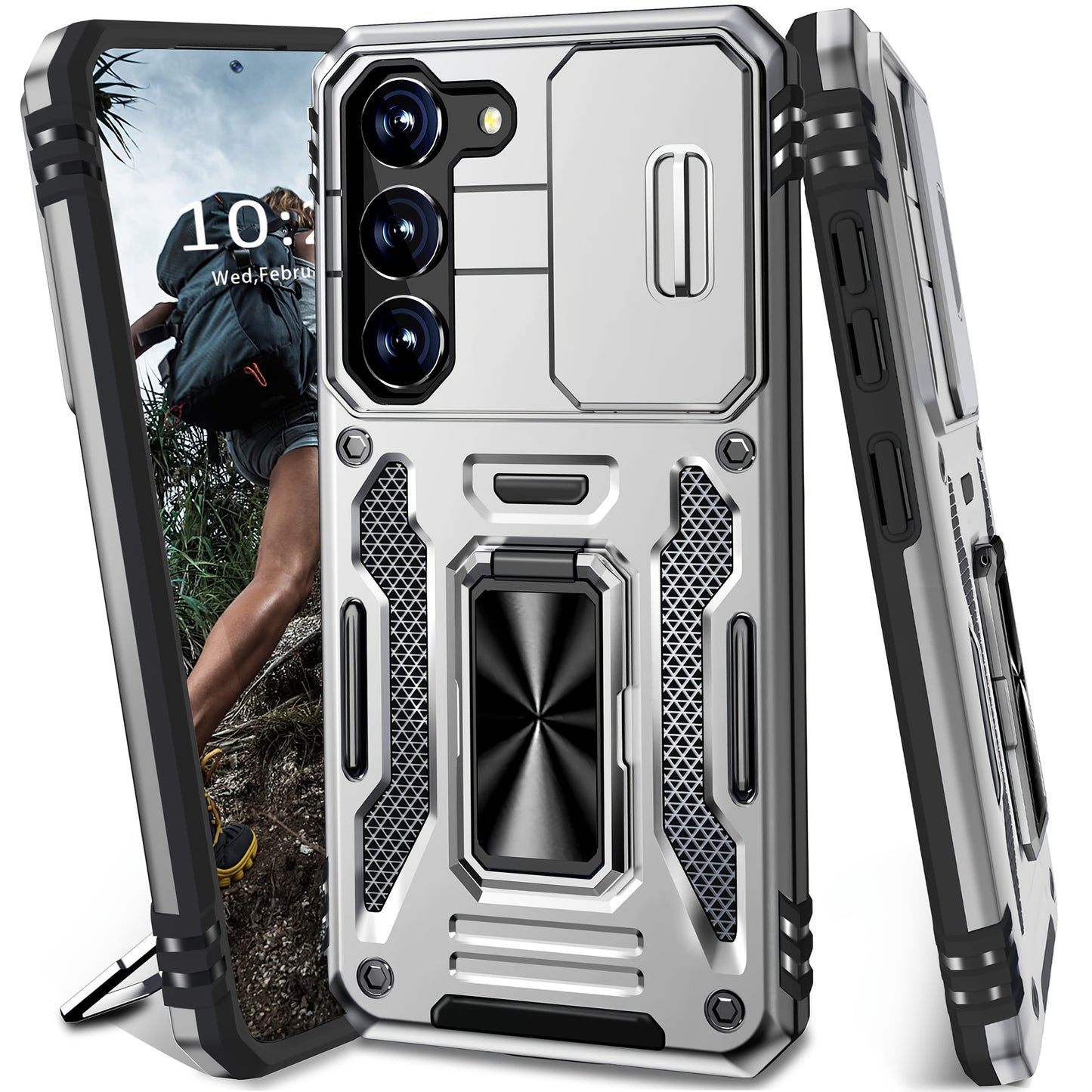 Samsung Galaxy Shockproof Magnetic Phone Case with 360° Rotating Ring Bracket & Sliding Lens Protector – Heavy Duty Cover for S24FE S23FE S22 S21FE Ultra A55 A54 A35 A34 A25 A24 A16 A15 A14 A06 A05 A05S 5G