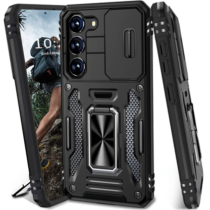 Samsung Galaxy Shockproof Magnetic Phone Case with 360° Rotating Ring Bracket & Sliding Lens Protector – Heavy Duty Cover for S24FE S23FE S22 S21FE Ultra A55 A54 A35 A34 A25 A24 A16 A15 A14 A06 A05 A05S 5G