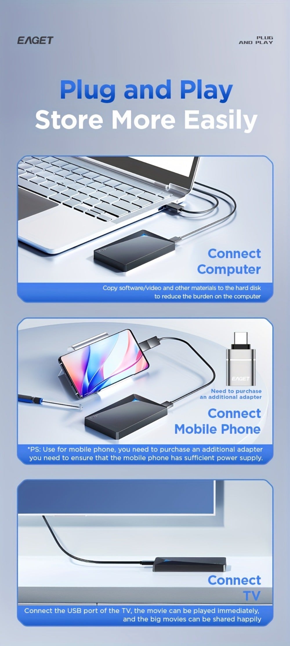 Portable External Hard Drive USB 3.0 High-Speed Mechanical HDD Mobile Backup Storage Plug & Play for PC Desktop MacBook PS4 Xbox Smart TV – EAGET Compact Travel Hard Disk