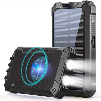 Solar Power Bank 46800mAh Wireless Charging 4 Built-in Cables Dual LED Flashlight 15W Fast Charge Outdoor Camping Hiking Emergency Battery Pack iPhone Android Red Green Blue Black Orange