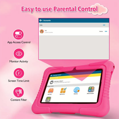 Veidoo Kids Tablet 7 Inch Eye Protection Screen 2GB RAM 32GB ROM Android WiFi Dual Camera Parental Control Educational Games Drop-Proof Silicone Cover Children Learning Tablet Pink Blue