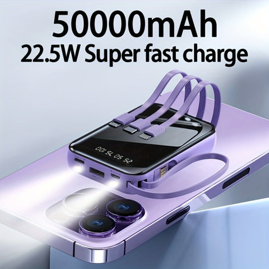 3-in-1 Built-in Cables Power Bank 50000mAh Portable Charger with Smart Digital Display Flashlight Apple Lightning Type-C USB Safe Lithium Battery Pack Outdoor Emergency Travel Gift