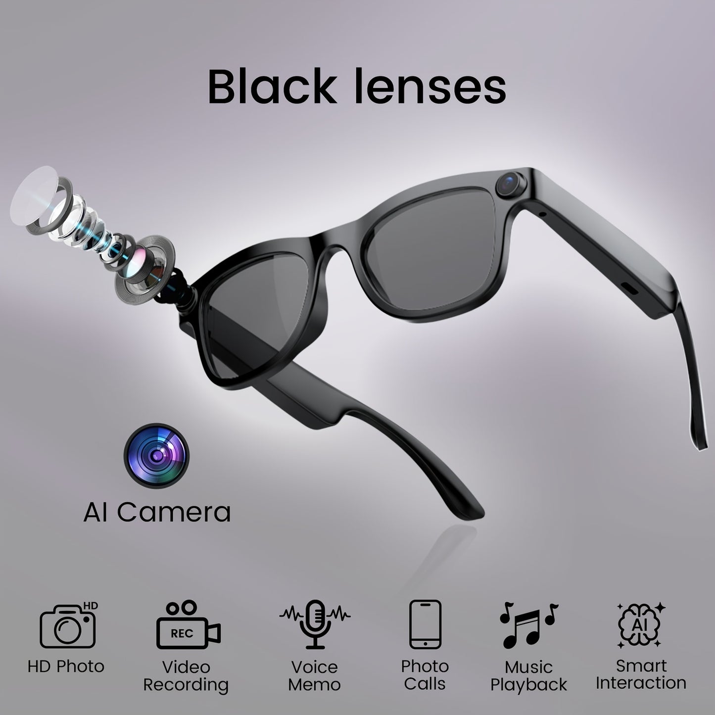 AI Smart Glasses Real-Time Voice Translation 100+ Languages - 2MP HD Camera, Bluetooth Calling & Music, Hands-Free Recording, Black & Clear Lens, Wearable Tech