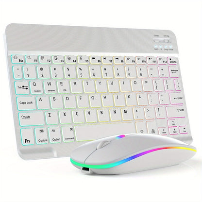 Wireless RGB Backlit Gaming Keyboard and Mouse Combo with Mouse Pad – 10-Inch Portable Keyboard Mouse Set for PC iOS Android Tablets | Rechargeable RGB Desk Setup Keyboard