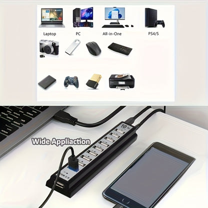 10-Port USB-A Hub with High-Speed Charging & Data Transfer – Plug and Play USB Splitter for MacBook, PC, Laptop, Desktop | 10 Device Simultaneous Connection