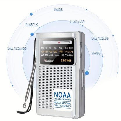 NOAA Weather Radio AM FM Battery Operated – 2 AA Transistor Radio Best Reception, Stereo Earphone Jack, USB Charging, Portable Emergency Radio for Hurricane, Winter Storm, Running, Walking & Home