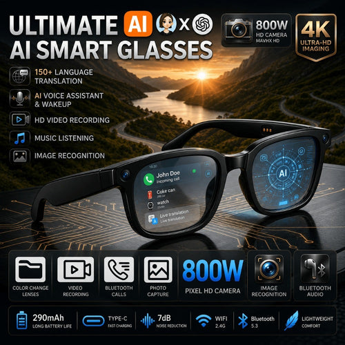 AI Smart Glasses 8MP HD Camera - Real-Time Translation, Bluetooth Call & Music, AI Object Recognition, Touch Control, Wearable Video Recording Glasses for Men Women Travel Outdoor 2026