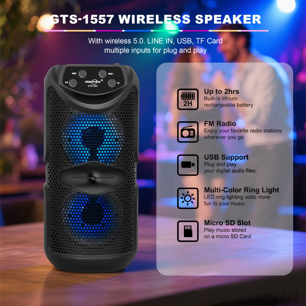 Outdoor Bluetooth 5.3 Speaker Mini with LED Light, TWS Stereo Pairing, TF Card Slot & Extended Battery, Compact Wireless Portable Speaker for Camping Hiking Beach Travel