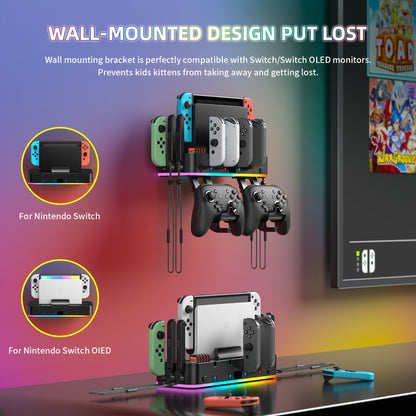 Nintendo Switch RGB Wall Mount with Charger – Switch/OLED Holder, 4 Controller Charger, 10 Card Slots, 15 RGB Light Modes, 2 USB Ports, Gaming Accessories Organizer Station