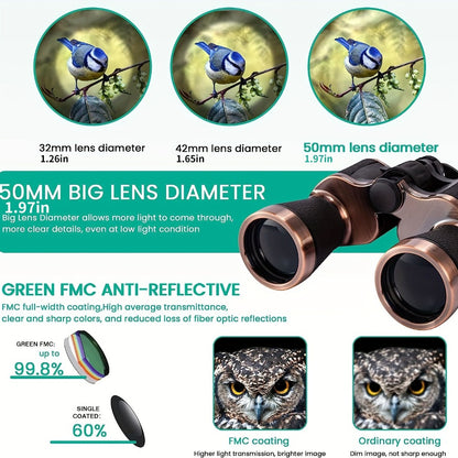 10x50 HD Binoculars for Adults, Professional Compact Long-Range Telescope with FMC Coating & BAK4 Prism, Durable Rubber Grip, Ideal for Hiking, Camping, Bird Watching, Football Games, Concerts