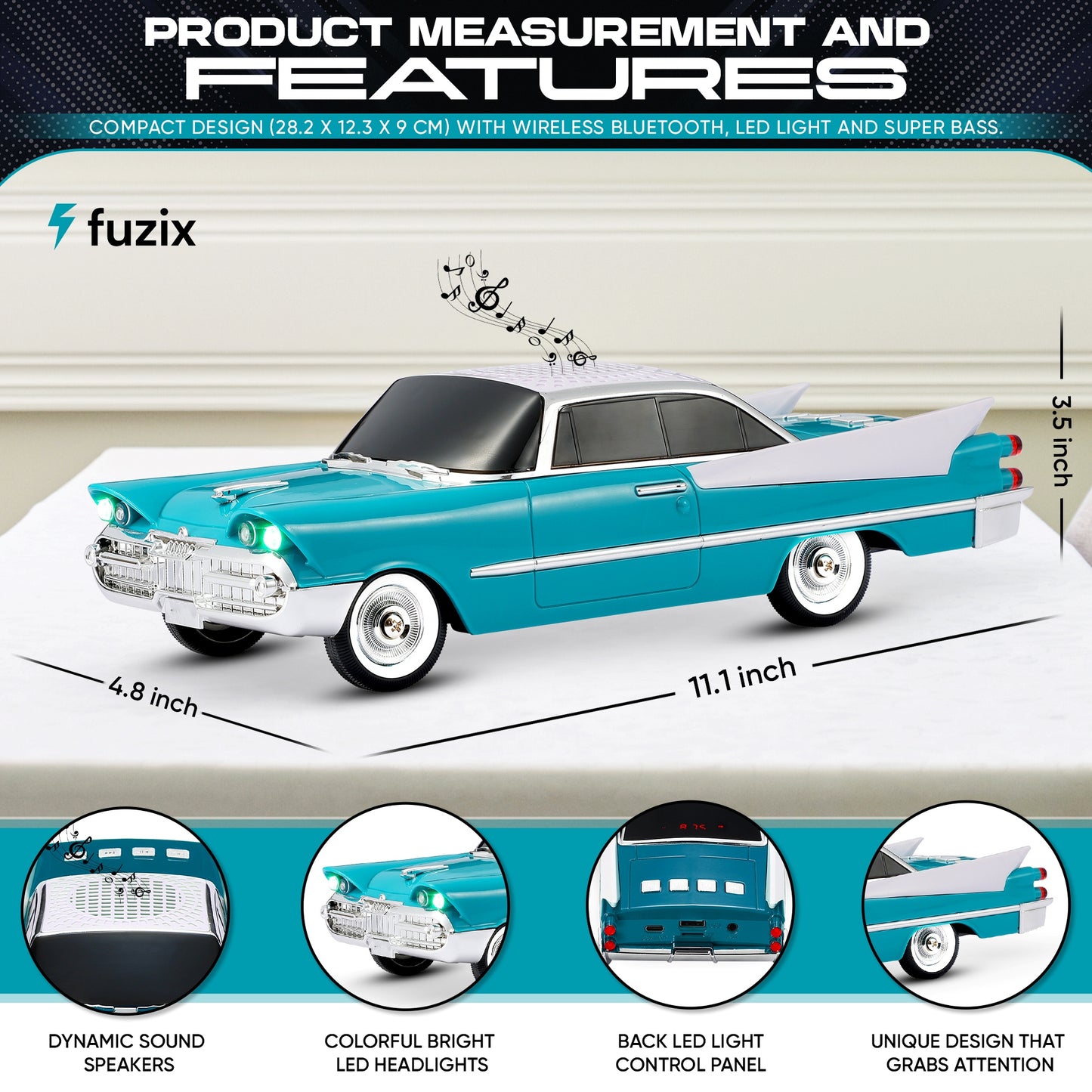 Retro Car Bluetooth Speaker with LED Headlights & Taillights, Fuzix WS-1965 Wireless Portable Stereo Speaker, AUX/USB/TF/FM Radio, Built-in Mic, Rechargeable Battery, Gift for Car Enthusiasts
