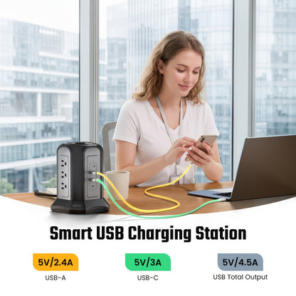 Surge-Protected Power Tower 13-in-1 with Wireless Charger, 9 AC Outlets & 4 USB Ports (2 USB-C PD18W), 1080J Surge Protector, 8ft Extension Cord – Multi-Color for Home Office Dorm