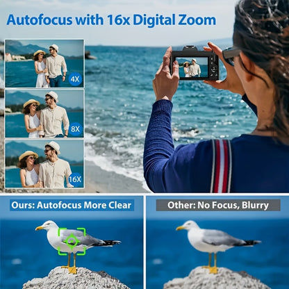 1080P Mini Vlog Camera for Beginners – 2.4" LCD, 16X Zoom, 9.88mm Wide Angle Lens, Easy-to-Use Compact Digital Camera, Travel Essential, Ideal Gift for Men Women Teens, Photography Camera