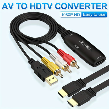 RCA to HDMI Converter 1080P Analog Composite AV to HD – Connects DVD VCR VHS PS3 Game Console Android TV Box to HDMI TV, NTSC PAL Compatible, USB Powered, Plug & Play, Black