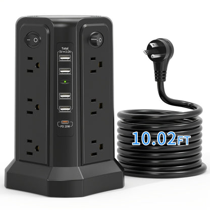 Power Strip Tower Angled Flat Plug 17-in-1 with 12 AC Outlets 4 USB-A 1 USB-C PD 18W 4 Independent Switches 1500J Surge Protector Desktop Extension Cord for Home Office Dorm Room – Black & White