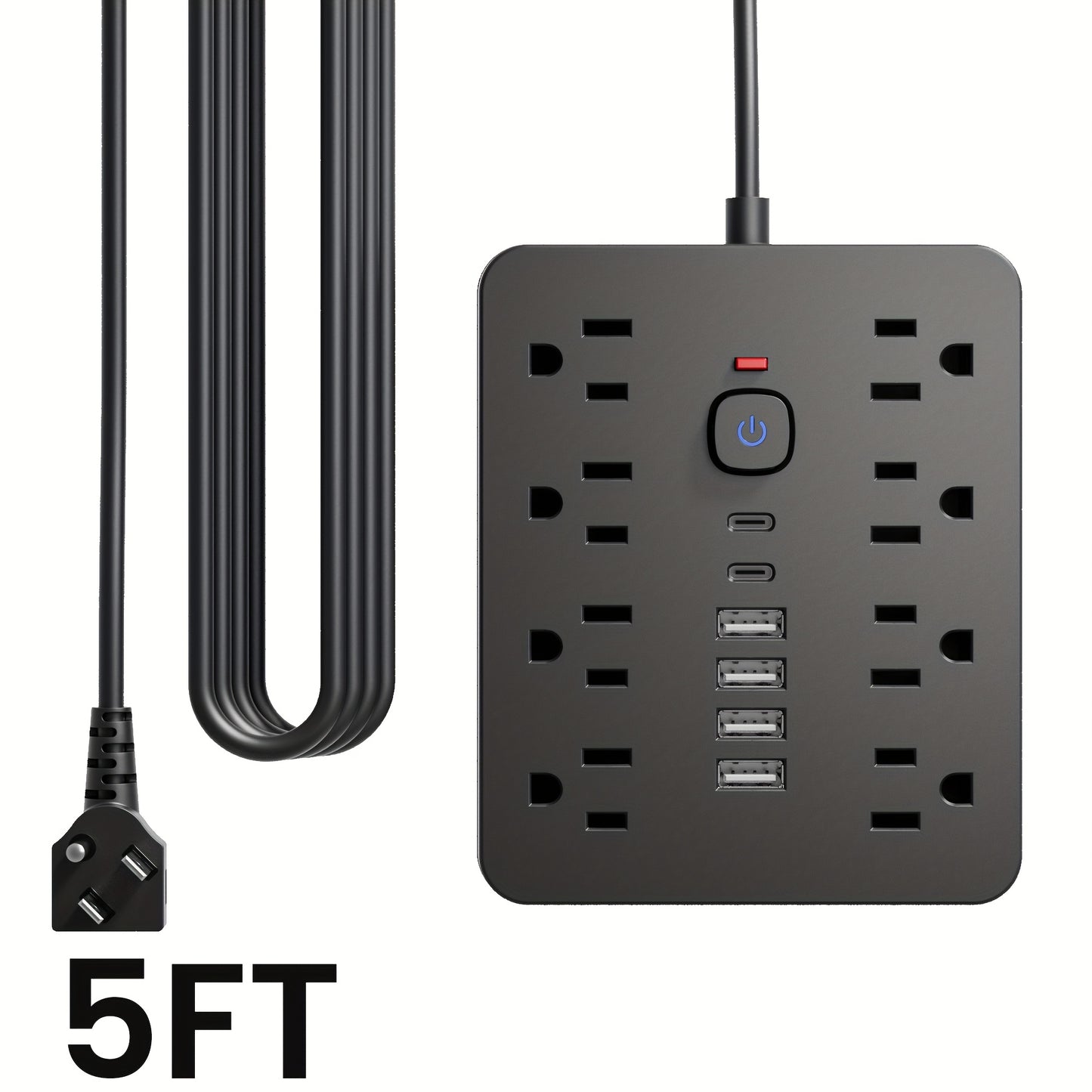 Flat Plug Wall Mount Power Strip 14-in-1 Surge Protector - 8 AC Outlets, 4 USB-A & 2 USB-C Ports, 5ft/10ft Extension Cord, Overload Protection, Desktop Charging for Home Office