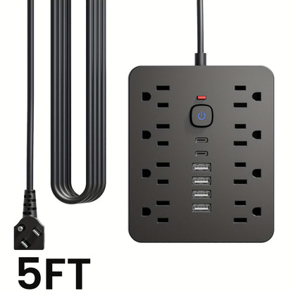 Flat Plug Wall Mount Power Strip 14-in-1 Surge Protector - 8 AC Outlets, 4 USB-A & 2 USB-C Ports, 5ft/10ft Extension Cord, Overload Protection, Desktop Charging for Home Office