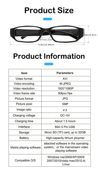 1080P HD Camera Glasses with Motion Detection – Video Recorder Camcorder Eyeglasses for Sports, Driving, Fishing & Outdoor Activities | Eye Protection Frame, USB Charging, Lightweight Durable Design