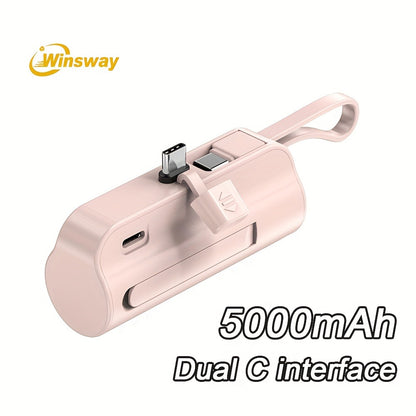 Capsule Mini Power Bank 5000mAh Dual Port Wireless Charging Phone Holder Fast Charge USB-C Cable Charge Two Phones at Once Pocket Portable Charger for Android Samsung iPhone