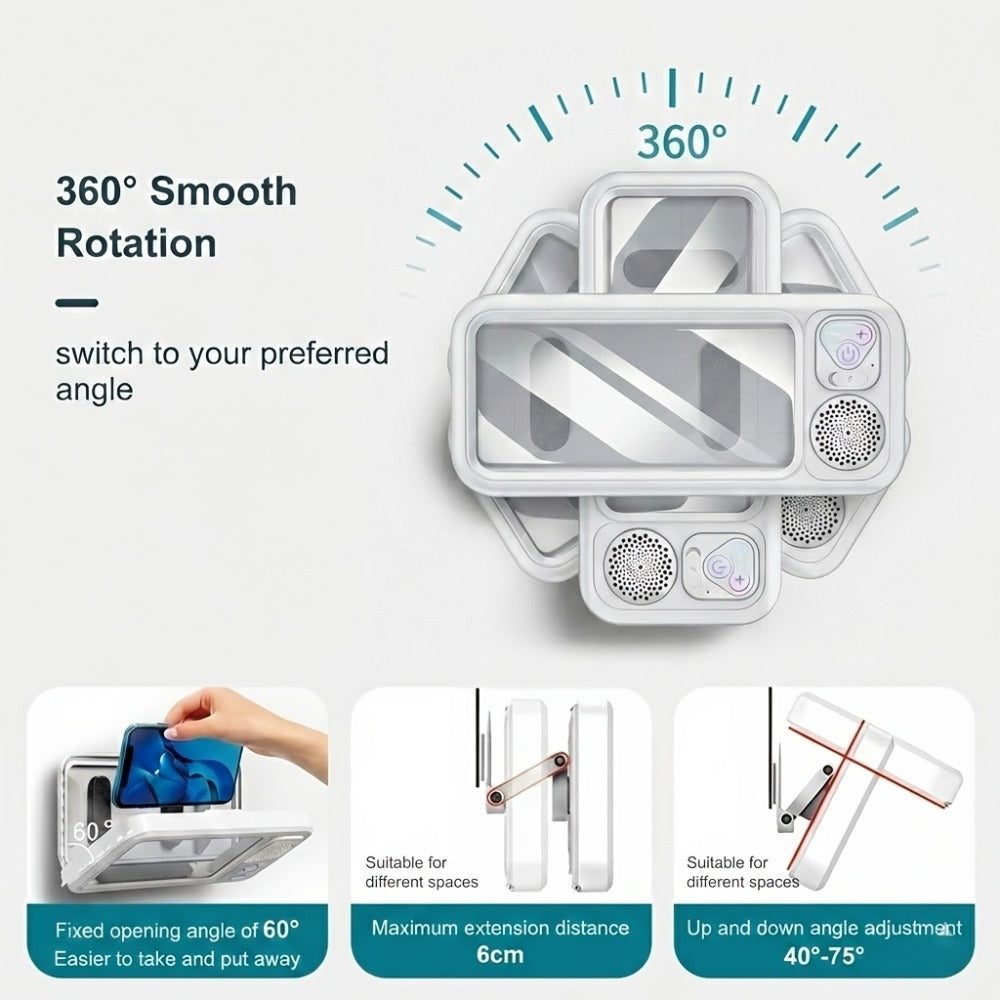 Shower Phone Holder with Bluetooth Speaker Built-In, 360-Degree Rotation Waterproof Mount, Universal Fit for All Phones, Hands-Free Music & Calls, Suction Cup Adheres to Any Surface – Bathroom Shower Caddy Accessory